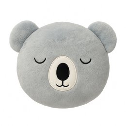 Round, plush grey cushion with a koala face design. Soft, higher rise cushion for comfort.