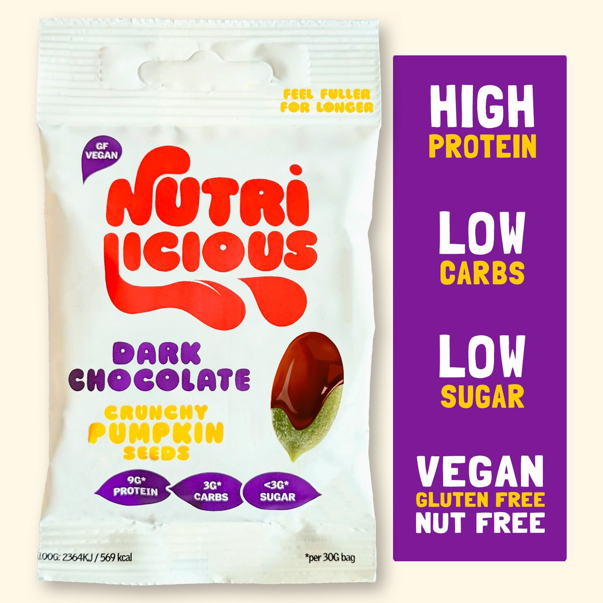 Dark Chocolate Pumpkin Seeds - Vegan, Low Carb, Keto, High Protein, High Fibre, Low Sugar, Gluten Free, Nut Free