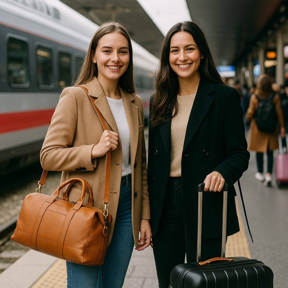 RB1029S | In Italien hergestellte Reisetasche aus echtem Leder mit verstellbarem und abnehmbarem Schultergurt. Reißverschluss und Accessoires aus glänzendem Nickelmetall – Farbe Cognac – Maße: 57 x 26 x 24 cm