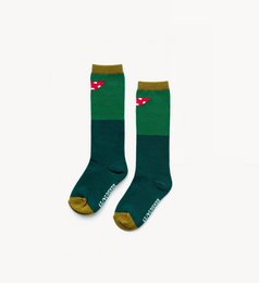 Green monster-themed kids' socks with colorful accents and patterns. Available in multiple size ranges.