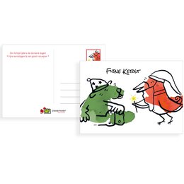 Festive Christmas card with whimsical cartoon characters. Green frog-like creature and red bird-like creature in playful interaction. Bright colors and simple, stylized illustrations.