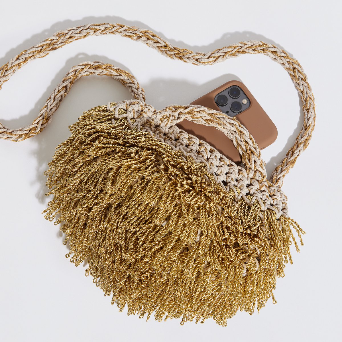 "Pebble Metallic" handgemaakte koppeling met crossbody -band goud