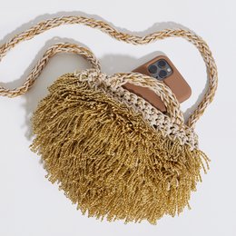 “Pebble metallic” handcrafted clutch with crossbody strap gold