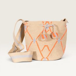 Geometric crossbody bag, tangerine orange pattern, woven natural fiber, shoulder strap, boho style.