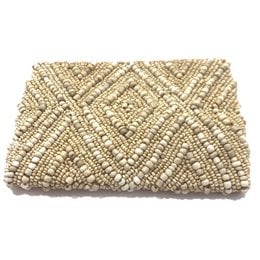Beige and gold woven wallet with intricate geometric pattern, made of durable materials suitable for everyday use.