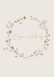 Floral wreath with "Congratulations" text in the center, featuring delicate flowers and greenery.