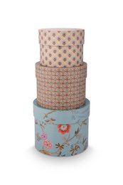 Set of 3 round gift boxes in blue, khaki, and floral patterns. Decorative storage containers with intricate designs.