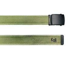 K4010EB | Stone Washed Canvas Ribbon Belt Col. Green with Matt Black Buckle. Dimensions: 125 x 4 x 0.5 cm One size - Can be shortened. Packaging: Rigid bottom/lid gift box