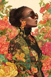 # Product Description
Floral portrait painting, woman with flowers, colorful botanical art, vibrant red yellow blooms, nature-inspired artwork.
