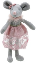 Gray plush mouse toy with pink tulle skirt, soft fabric, ballet dancer style, children's stuffed animal.