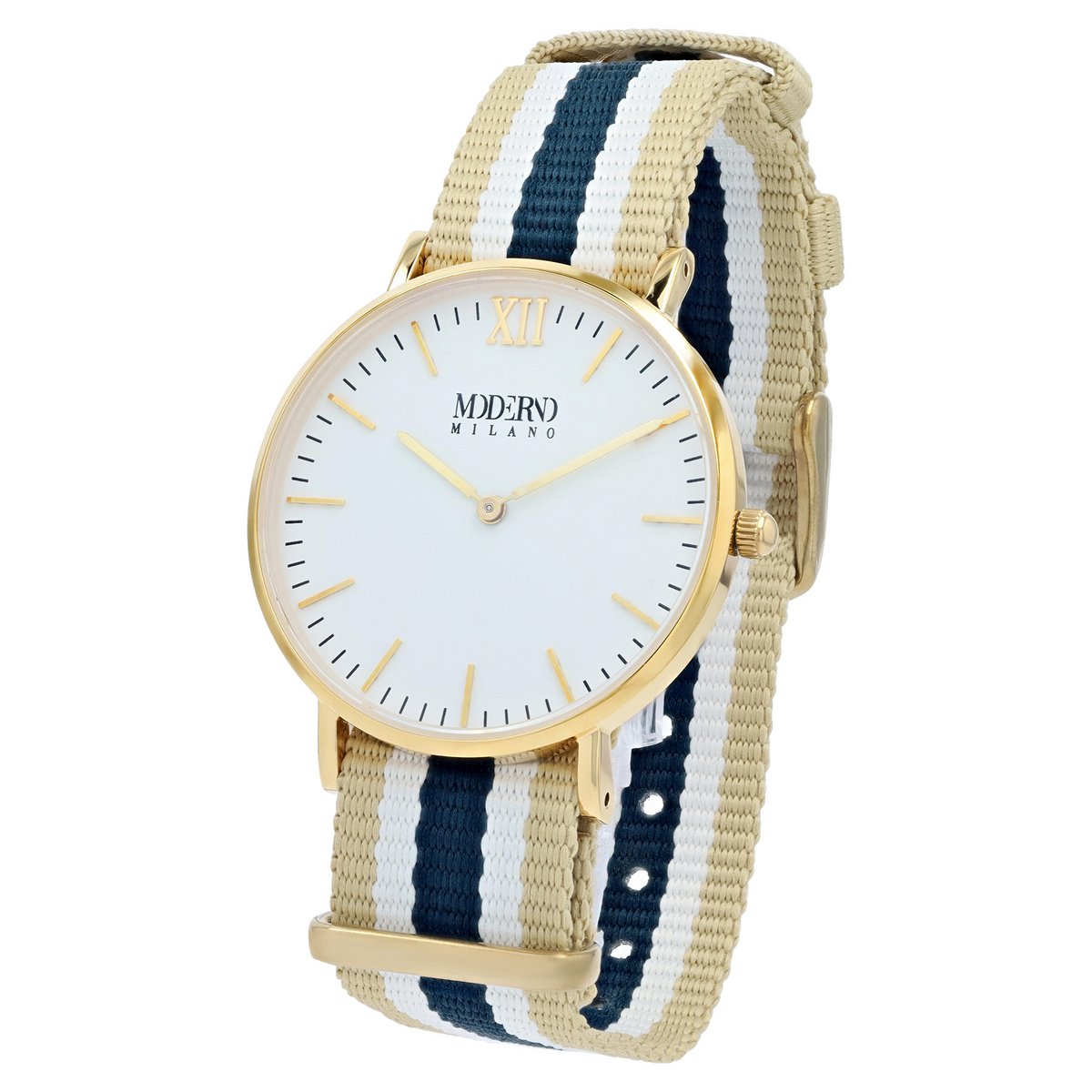 Montre pour femme Moderno Milano en acier inoxydable 36,5 mm, verre saphir et bracelet NATO en nylon (bleu-beige-blanc), couleur or