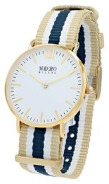 Montre pour femme Moderno Milano en acier inoxydable 36,5 mm, verre saphir et bracelet NATO en nylon (bleu-beige-blanc), couleur or