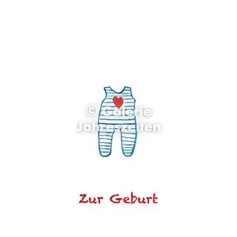 Watercolor card birth | Blue onesie, red heart
