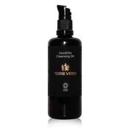 Organic face cleanser in a black bottle with a pump dispenser. The product is called "GoodOils Cleansing Oil" and is part of the Terre Verde brand. The bottle contains 100ml of the cleansing oil.