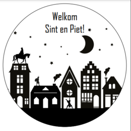  Round wall circle with black silhouette of houses, Sint and Piet, moon, and stars. Available in various sizes and materials.