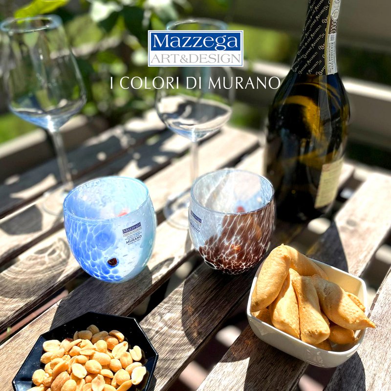 6 Glass Light Water Glass Water and Hand -Handed With Murrine Di Murano, "I Colori di Murano" line 320 ml. Made in Italy