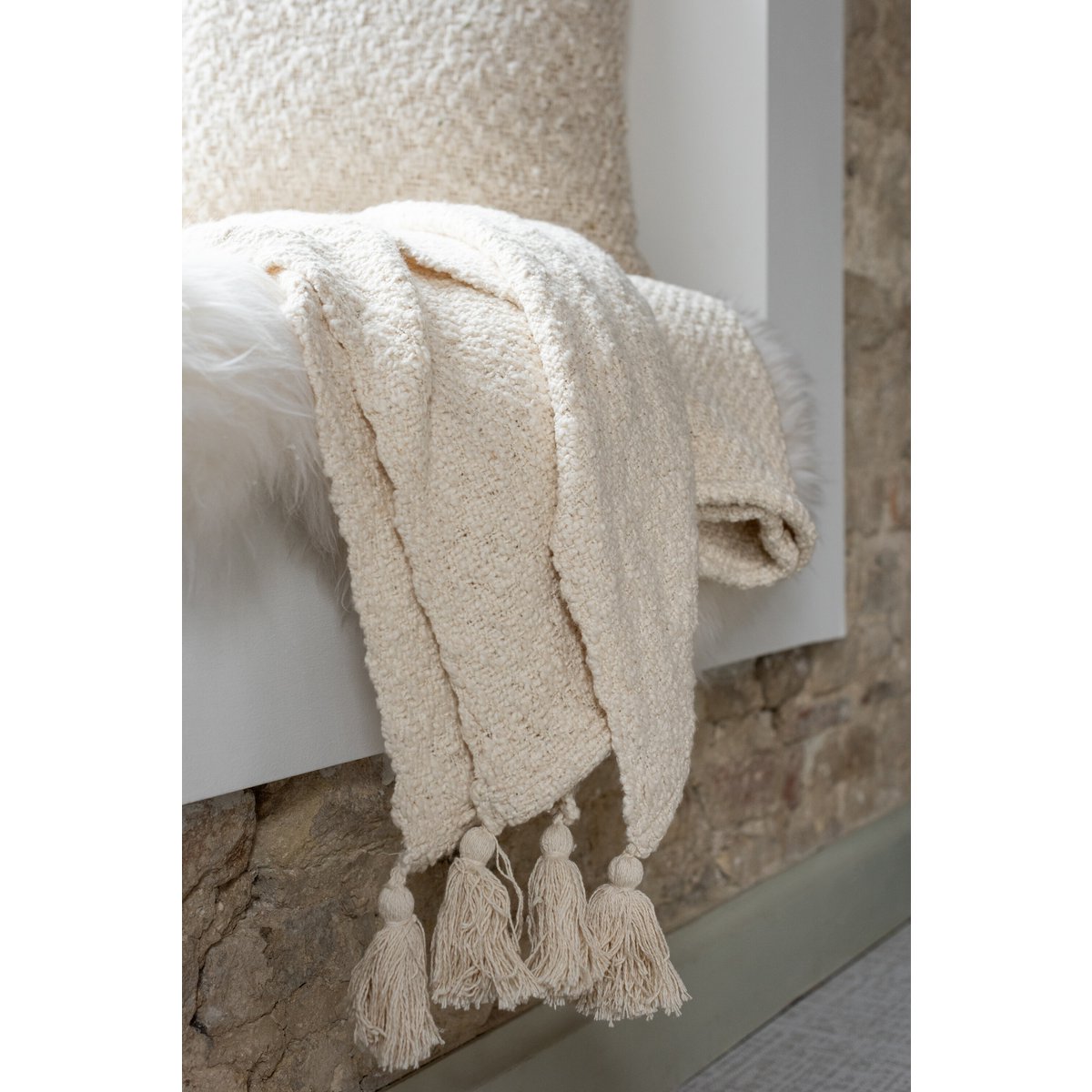 J-Line Plaid kwasten - katoen - creme - 180 x 130 cm