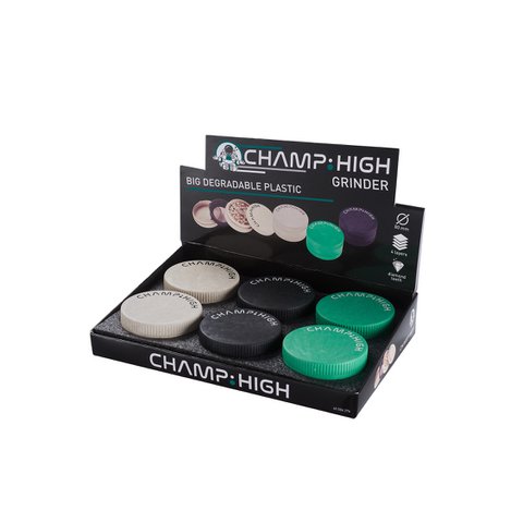 Display of 6 large biodegradable plastic spice mills - White, Black and Green