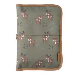 Olive green diaper bag with a repeating deer pattern. The bag has a zipper closure and a tan trim.