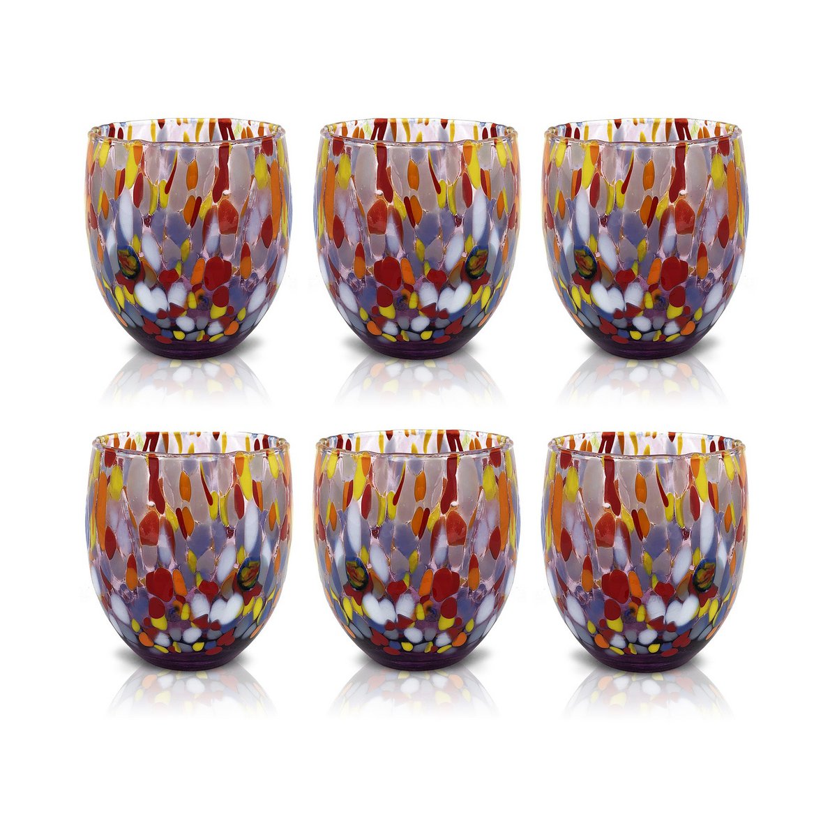 Klassieke waterglazen van handgeblazen en handgemaakt glas met Murano Murrine, lijn “I Colori di Murano”, 320 ml. Gemaakt in Italië