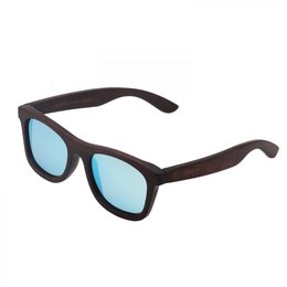 Bamboo sunglasses with ice blue lenses in a square frame. Made from sustainable bamboo material.