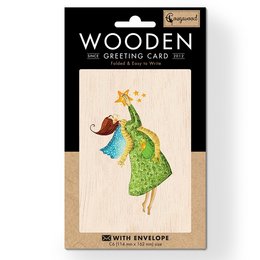 A wooden folded greeting card featuring a whimsical illustration of a woman in a green dress holding a star. The card is suitable for Christmas or other festive occasions.