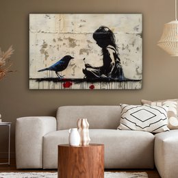 Canvas schilderij - Wanddecoratie Meisje - Street art - Vogel - Abstract - Graffiti - Modern - Muurdecoratie woonkamer - Kamer decoratie modern - Abstracte schilderijen
