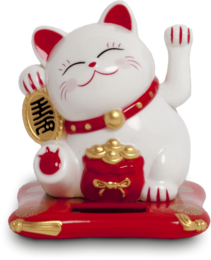 A white ceramic figurine of a lucky cat with red accents, measuring approximately 9x10x10.5cm. The lucky cat is waving its paw and holding a gold coin, symbolizing good luck and prosperity.