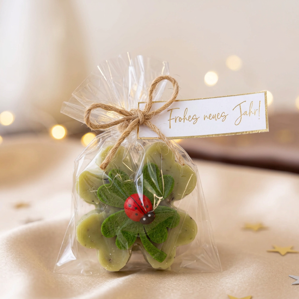 Silvester Glücksbringer Seife „Frohes neues Jahr“ – Kleeblatt | Gastgeschenk & Mitarbeitergeschenk 