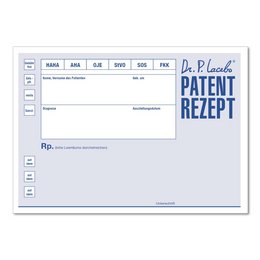  This postcard features the text "Patent Rezept" (Patent Recipe) in a blue font, along with various fields for medical information. The postcard appears to be a prescription or medical document.