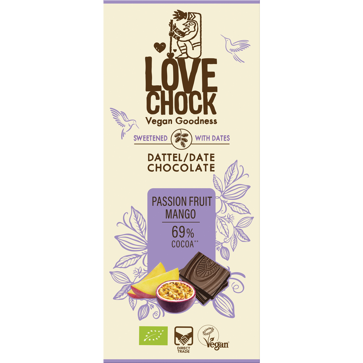 Chocolate sweetened with dates passion fruit mango 69% vegan - organic, vegan, durable