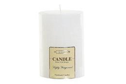 White, cylindrical wax candle measuring 6.5 x 6.5 x 9.5 cm and weighing 285 grams.