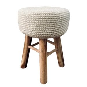 Luna-Leena stool with a woolen cover off-white - sheep wool & wood - hand crochet in Nepal