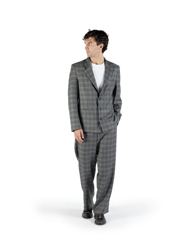 Slim-fit blazer in grey wool with a check pattern Made in Italy