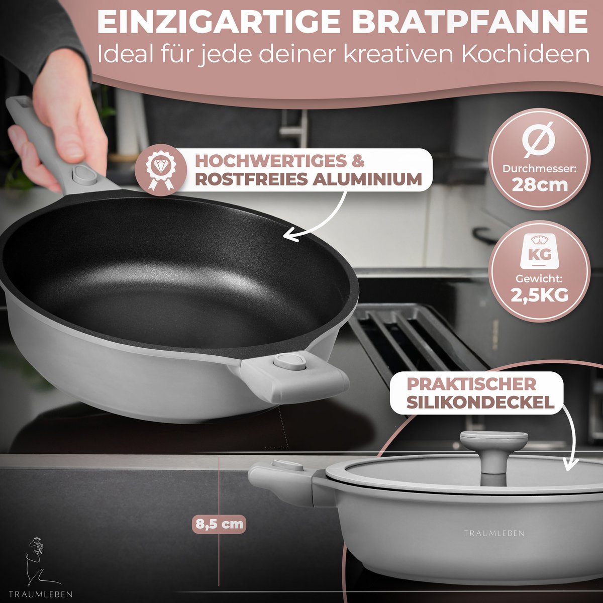 Fry Pan 28 cm, recubrimiento no de palanca, manijas extraíbles, inducción, festival del horno (gris)