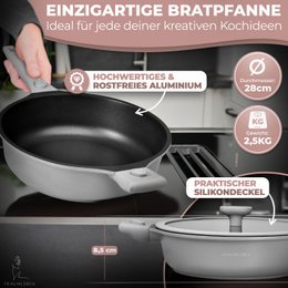 Bratpfanne 28 cm, Antihaftbeschichtung, abnehmbare Griffe, Induktion, backofenfest (grau)