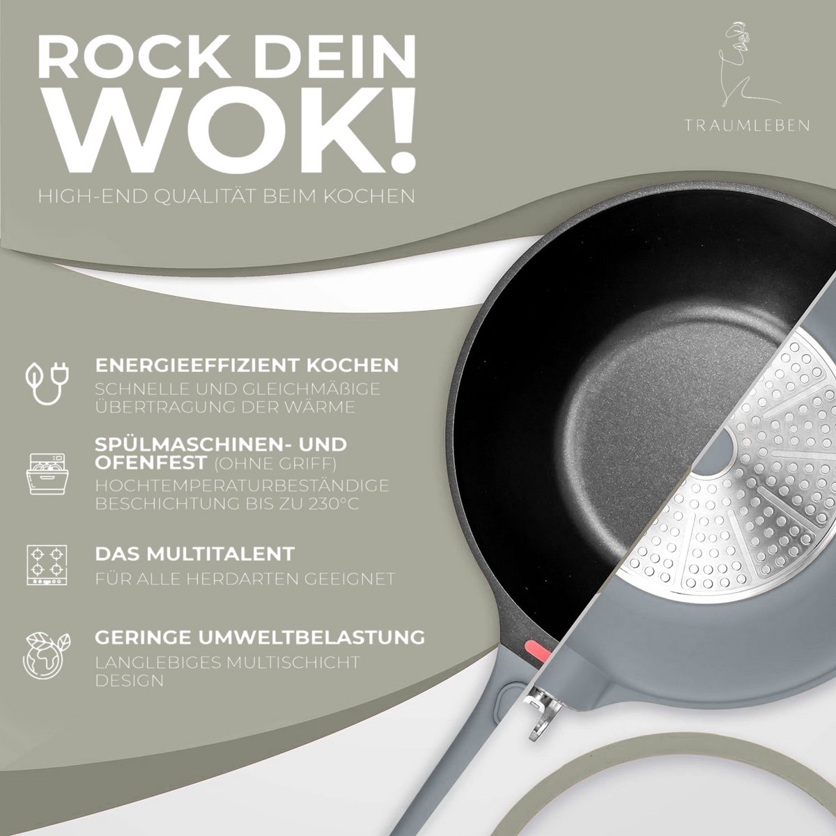 WOOB Pan 28 cm, powłoka bezsterdyka, zdejmowane uchwyty, indukcja, odporna na piekarnik (szary)