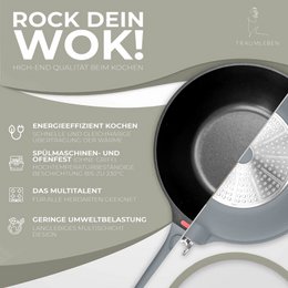 Wokpfanne 28 cm, Antihaftbeschichtung, abnehmbare Griffe, Induktion, backofenfest (grau)