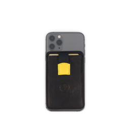 Black phone card holder with yellow accent.