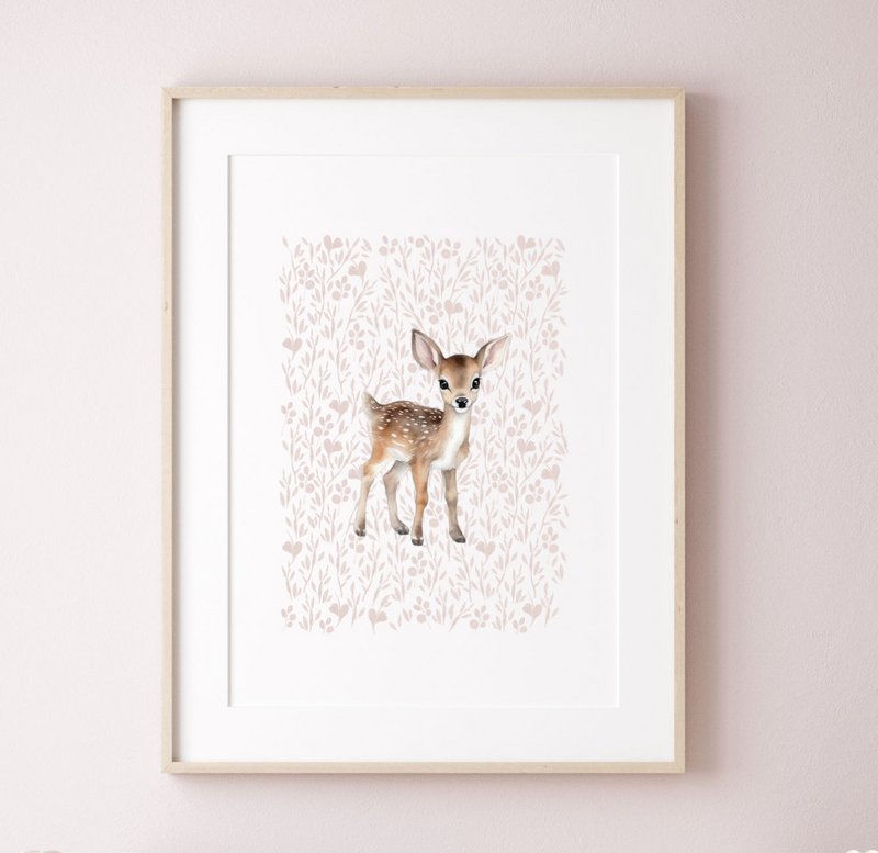 Impression d’art de pépinière de cerfs, affiche de cerfs, affiche de cerfs mignons, affiche de chambre de filles roses, impression boisée, impression de cerfs mignons, impression d’art de pépinière de filles, chambre de filles