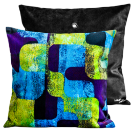 Velvet cushion with vibrant abstract pattern in shades of blue, green, and purple. Measures 40x40cm or 60x60cm.