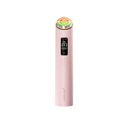 Pink cylindrical beauty device, LED light therapy, skincare tool, anti-aging booster, modern design.