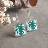 Monstera Leaf Earrings, Green & White Square glass tile on sterling silver threader wire