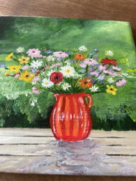 Ramo de campo en florero rojo | Azulejo pintado a mano
