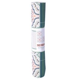 Patterned kids yoga mat in pastel colors with carrying strap.