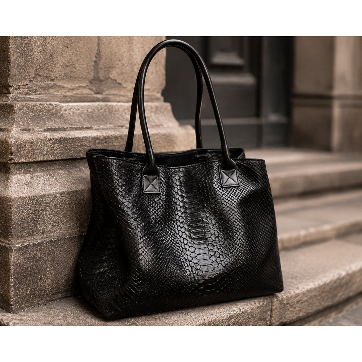 LOLA – Italian python-embossed leather bag – Black