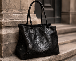 Black leather tote bag with snake skin pattern, featuring a structured shape and dual handles for comfortable carrying.