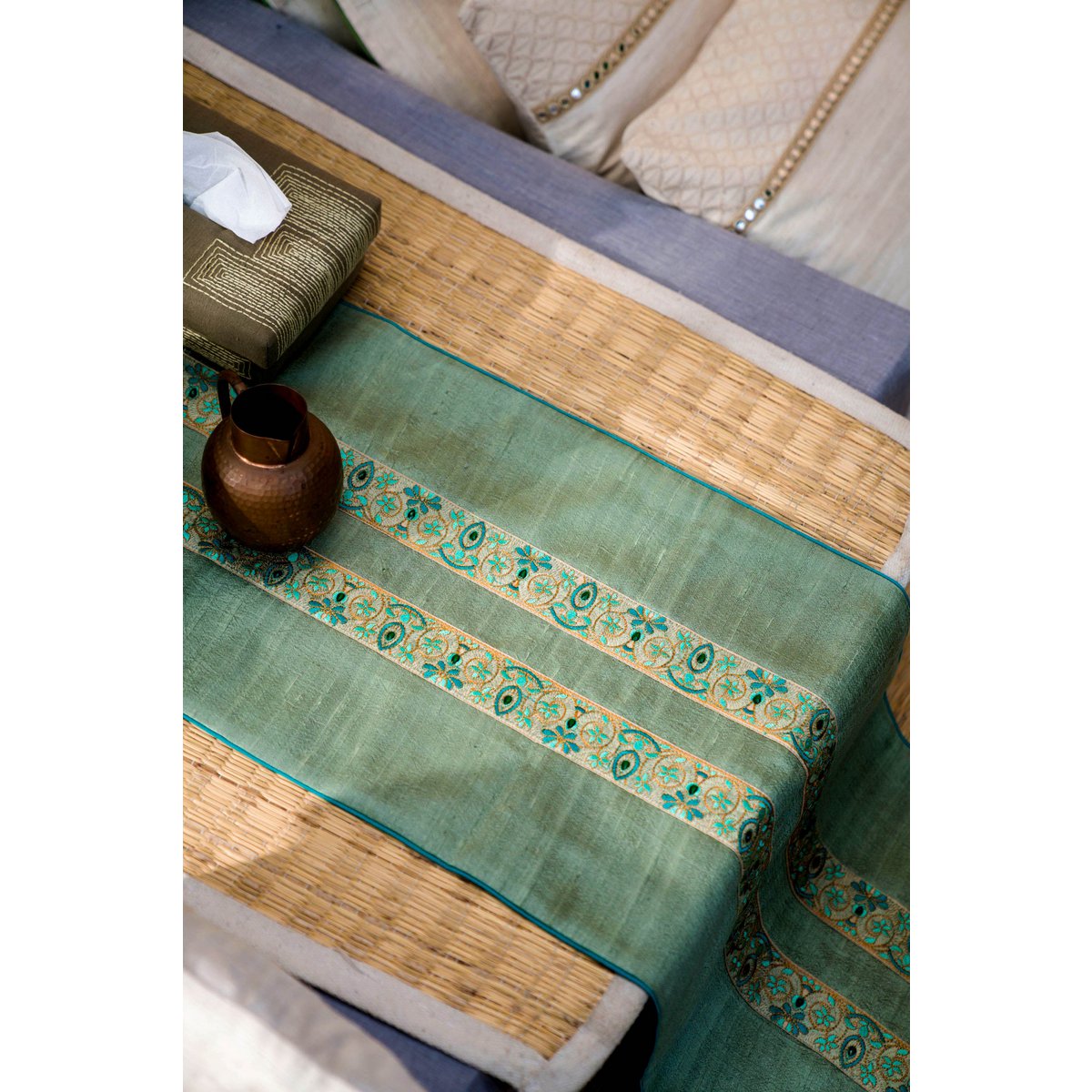 Hand-Embroidered Dupion Silk Table Runner - With Beadwork & Silk Piping