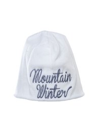 A white double-layer beanie with a mountain winter print in navy blue text. Suitable for babies aged 9/12 months, 3/6 months, and 18/24 months.