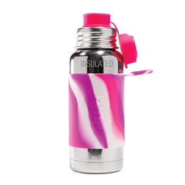 Insulated sports bottle with pink swirl sleeve, 475 ml capacity.